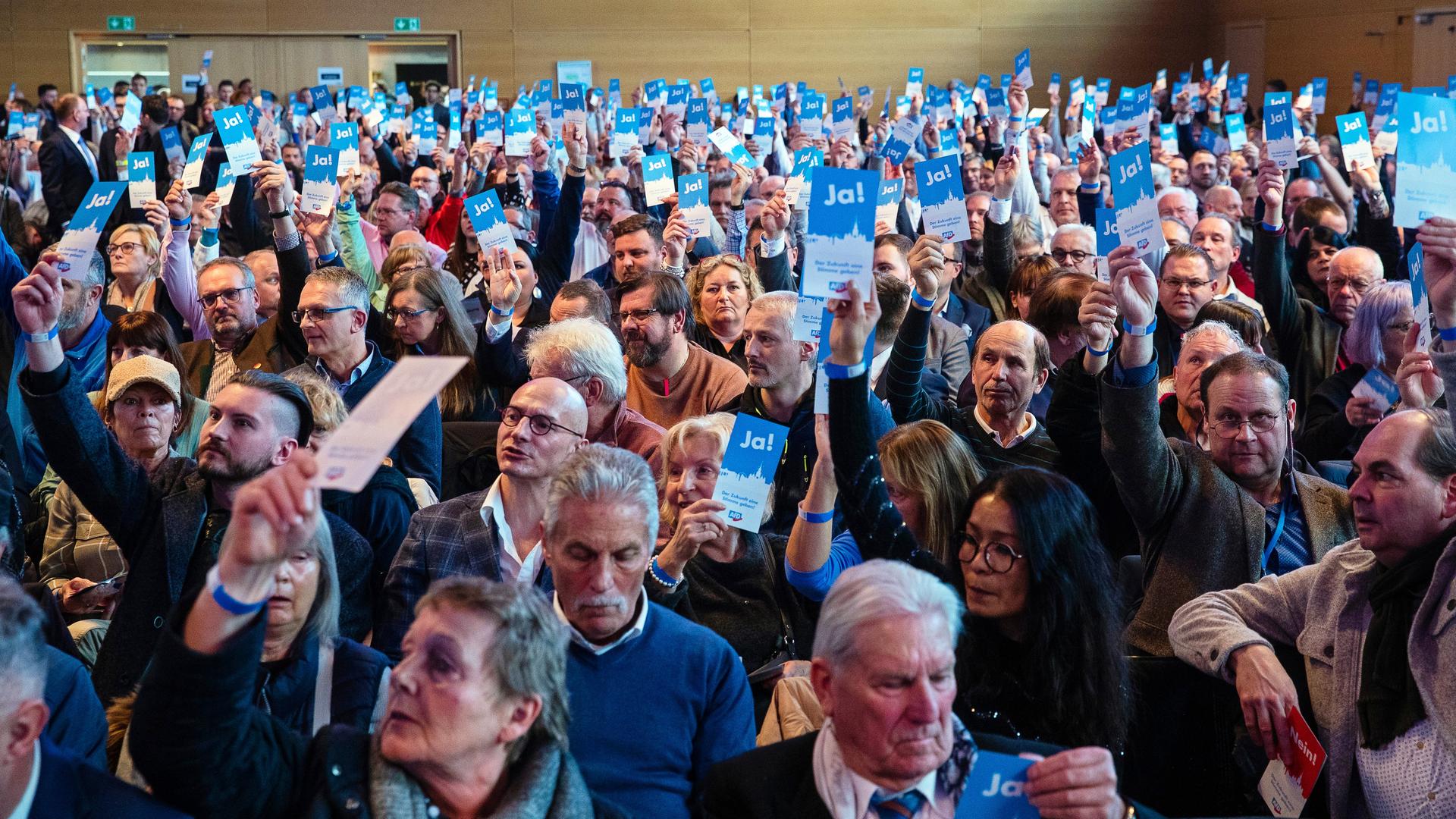 Parteimitglieder der AfD in Baden-Württemberg stimmen während des Landesparteitags in der Stadthalle von Rottweil mit ihren "Ja!"-Stimmzetteln ab. Parteimitglieder der AfD in Baden-Württemberg stimmen während des Landesparteitags in der Stadthalle von Rottweil mit ihren "Ja!"-Stimmzetteln ab.