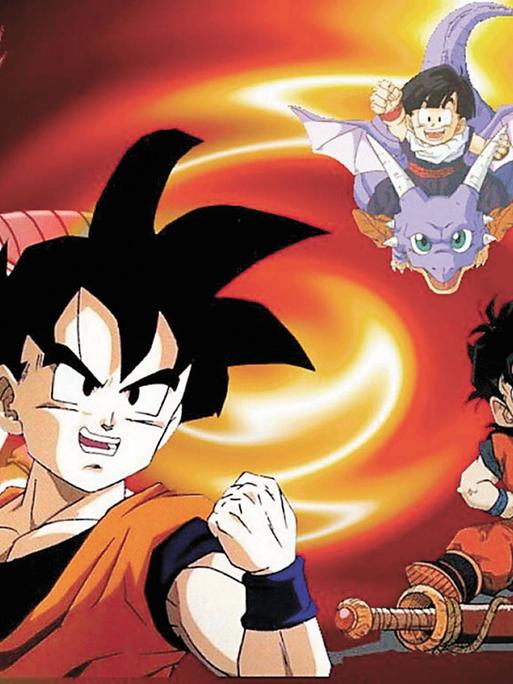 Figuren von Akira Toriyama aus "Dragon Ball" sind vor einem orangefarbenen Hintergrund zu sehen. Figuren von Akira Toriyama aus "Dragon Ball" sind vor einem orangefarbenen Hintergrund zu sehen.