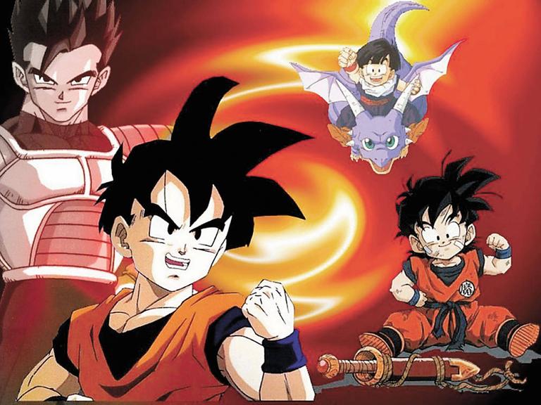 Figuren von Akira Toriyama aus "Dragon Ball" sind vor einem orangefarbenen Hintergrund zu sehen. Figuren von Akira Toriyama aus "Dragon Ball" sind vor einem orangefarbenen Hintergrund zu sehen.