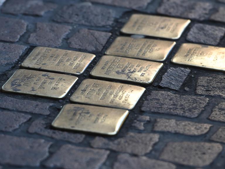 Verschiedene Stolpersteine im Boden zur Erinnerung an von den Nazis verfolgte, schikanierte und ermordete jüdische Mitbürger. (Quelle: picture alliance) Verschiedene Stolpersteine im Boden zur Erinnerung an von den Nazis verfolgte, schikanierte und ermordete jüdische Mitbürger. (Quelle: picture alliance)