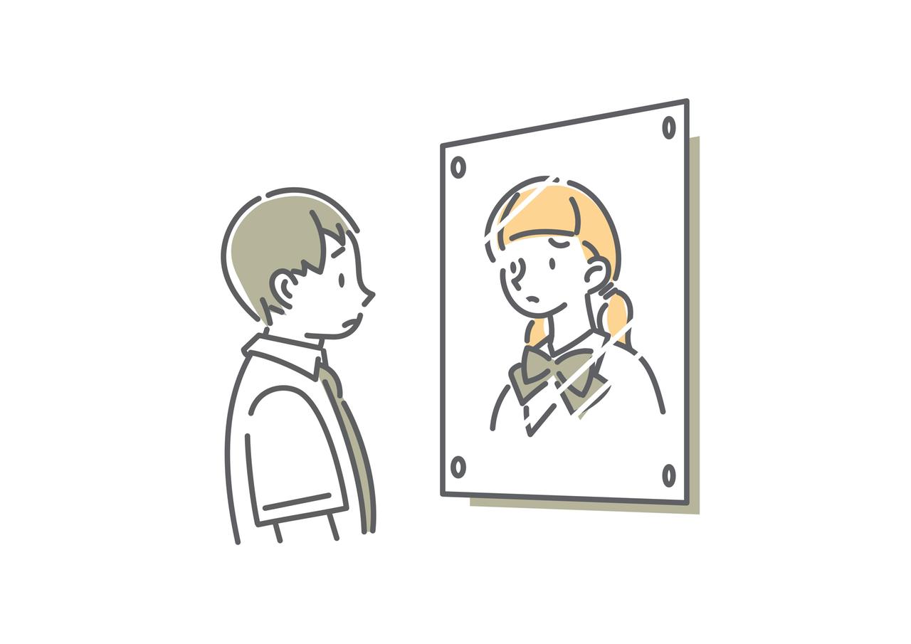 Illustration eines Junge, der in den Spiegel schaut und darin ein Mädchen sieht.