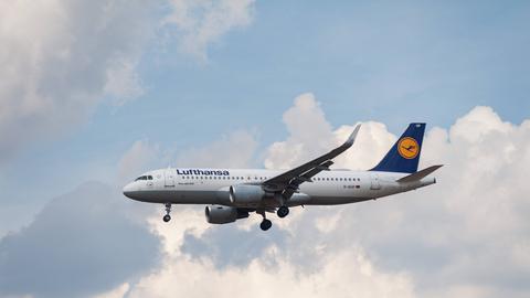 Ein Passagierflugzeug der Lufthansa in der Luft. Im Hintergrund sind Wolken zu sehen.