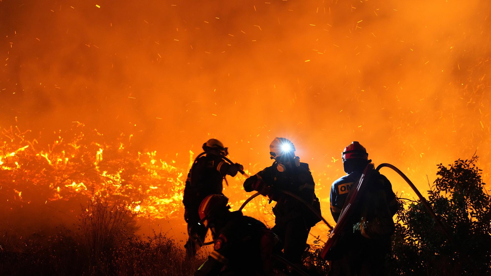 Feuerwehrmänner kämpfen gegen eine große Feuerwand an. Feuerwehrmänner kämpfen gegen eine große Feuerwand an.