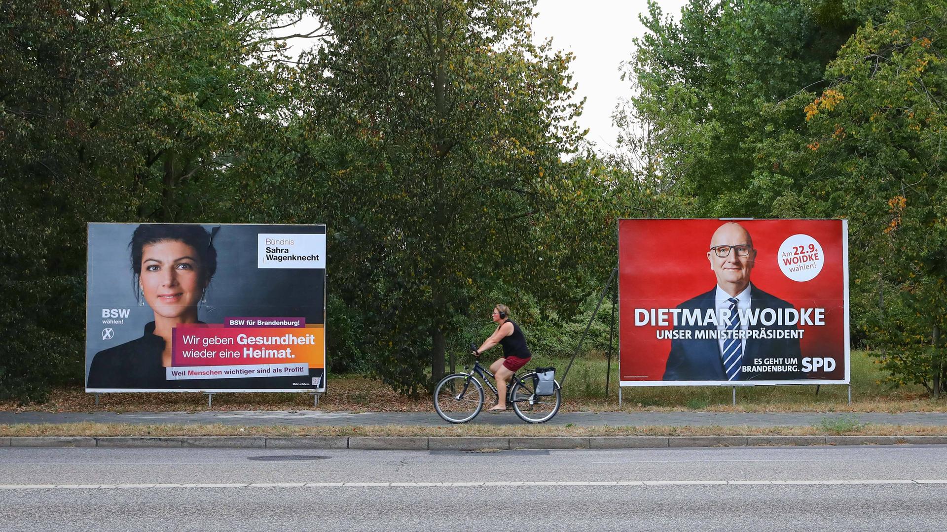 An den Plakaten von Sahra Wagenknecht (BSW) und Dietmar Woidke (SPD) im Landtagswahlkampf in Potsdam fährt eine Fahrradfahrerin vorbei.