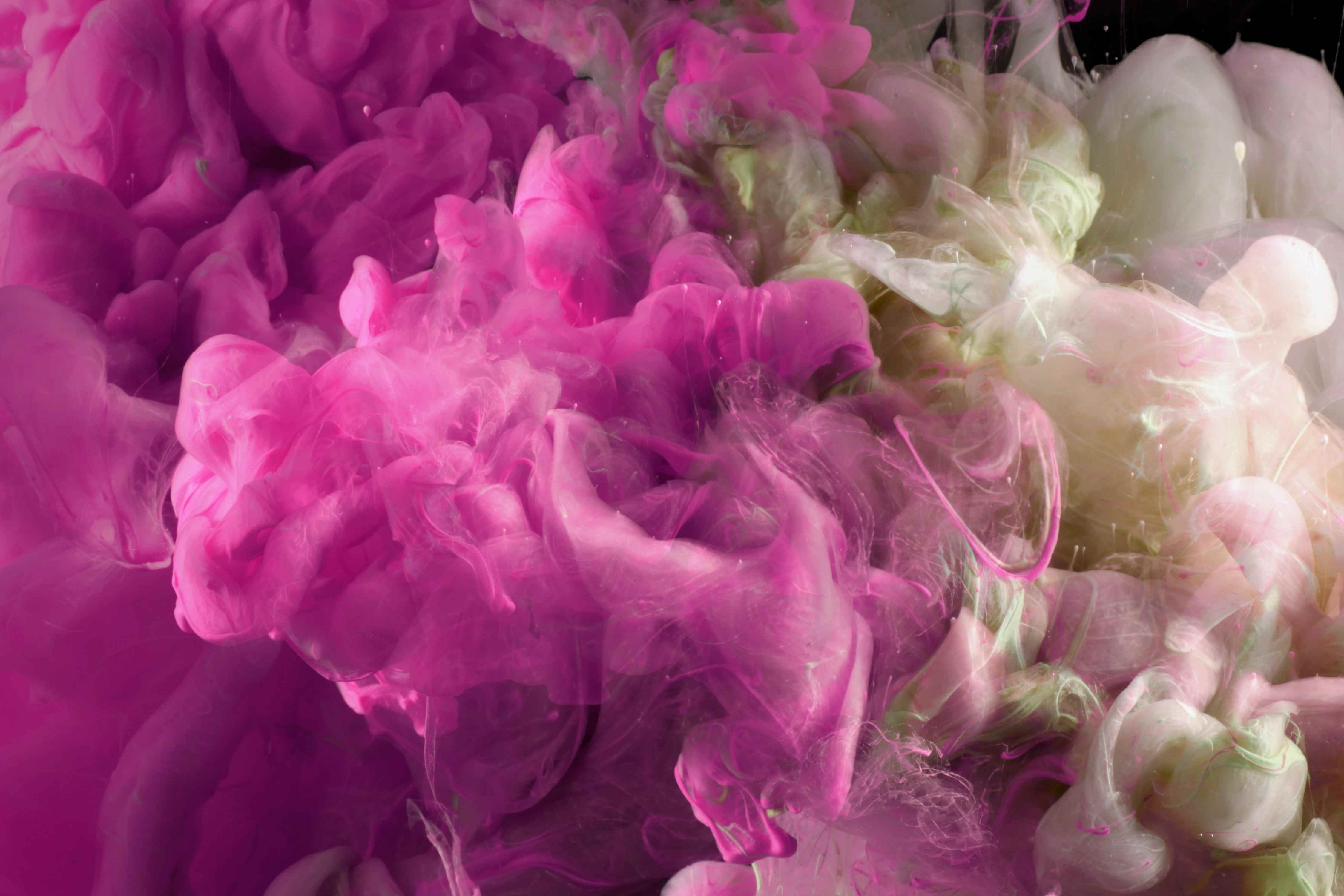 Abstrakter pink- und cremefarbener Rauch. Tintenfarben breiten sich in Wasser aus und bilden rauchartige Kleckse.