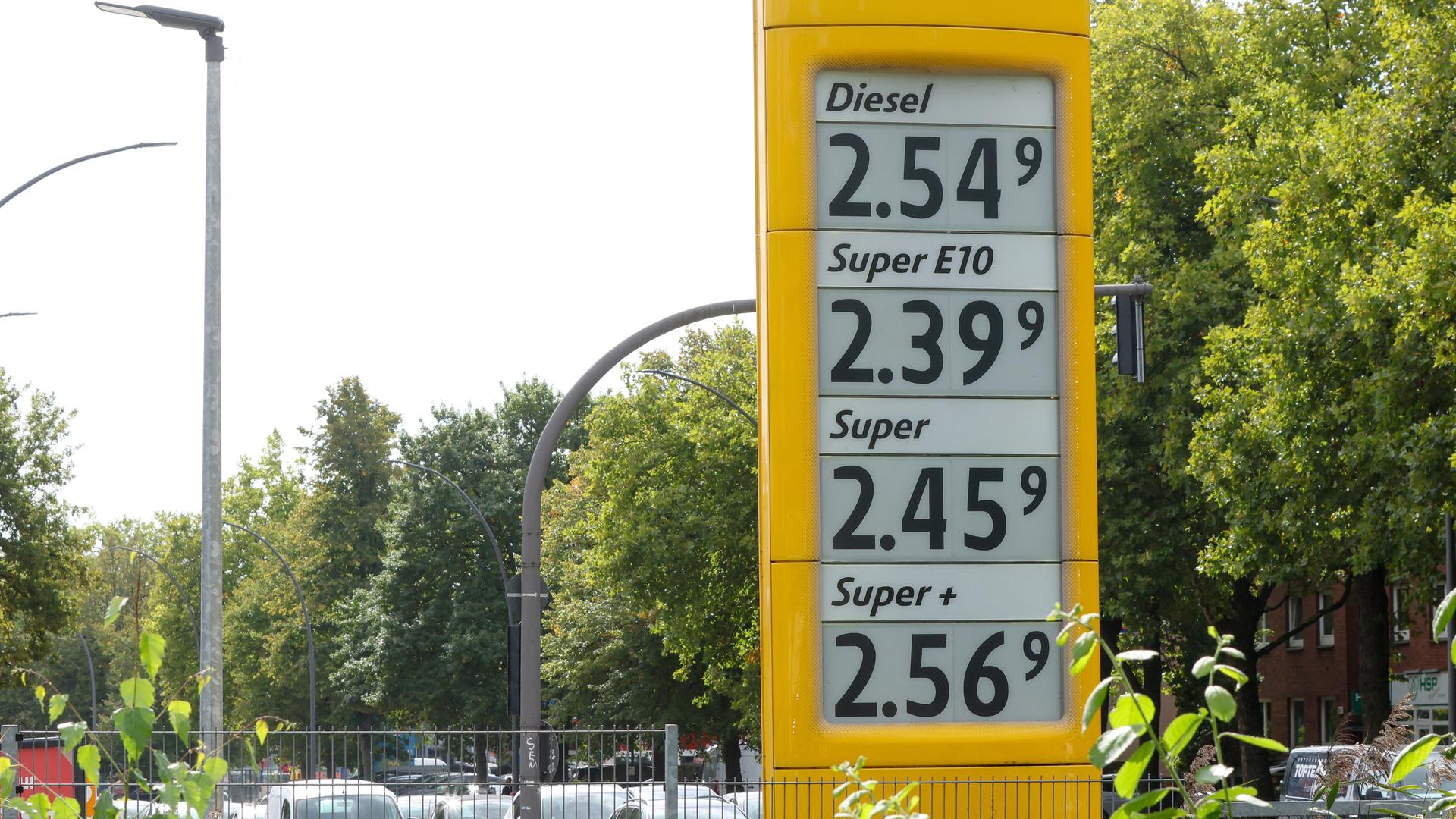 Auf einem Preisschild an einer Tankstelle in Hamburg werden die aktuellen Preise für Kraftstoffe angezeigt. Auf einem Preisschild an einer Tankstelle in Hamburg werden die aktuellen Preise für Kraftstoffe angezeigt.
