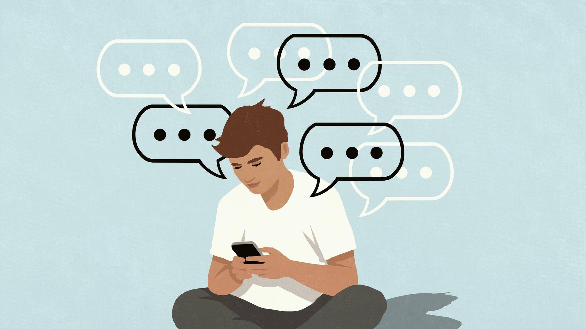 Illustration: Ein Mann sitzt im Schneidersitz und schaut auf sein Smartphon, drumherum Sprechblasen.