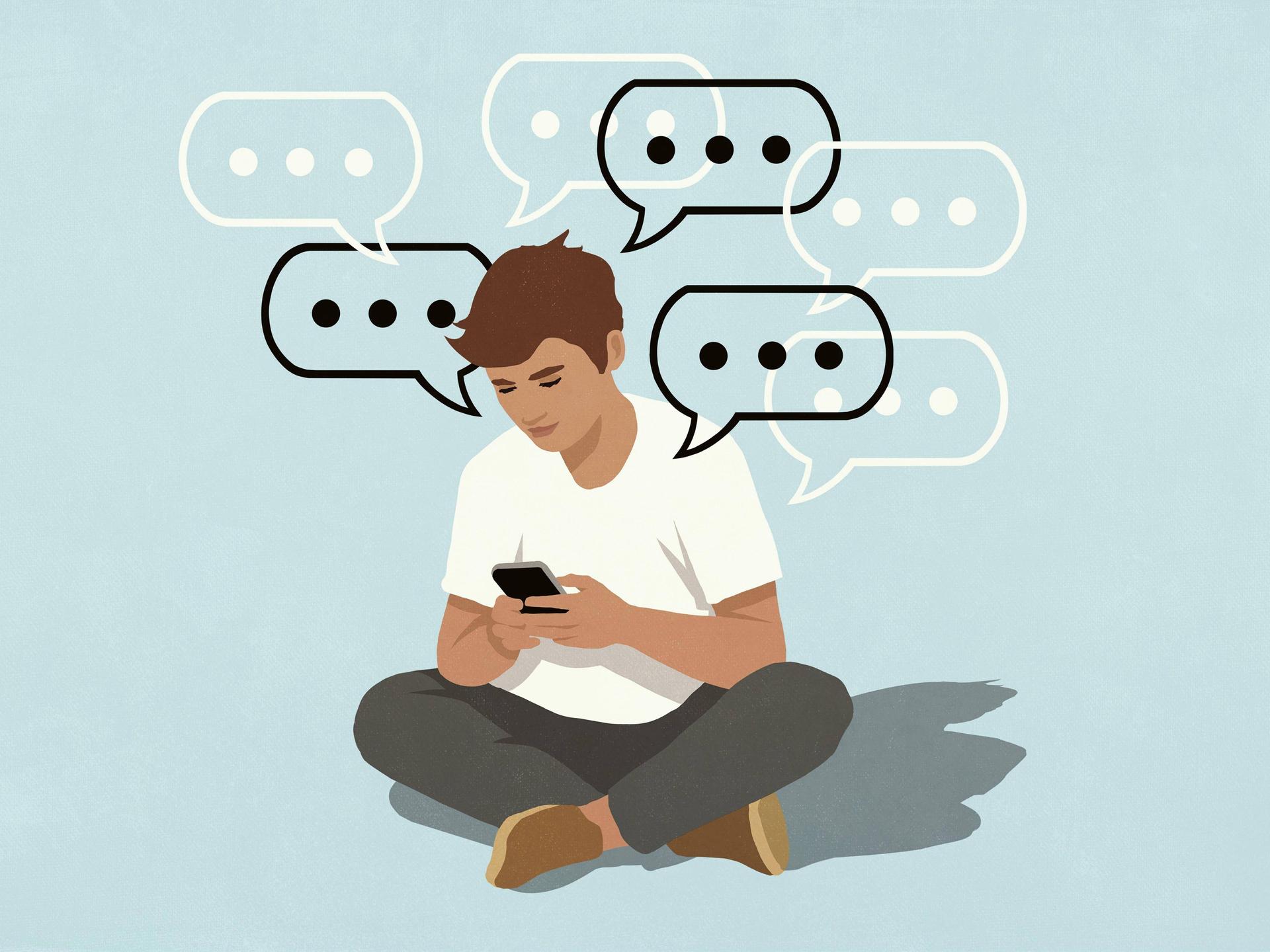 Illustration: Ein Mann sitzt im Schneidersitz und schaut auf sein Smartphon, drumherum Sprechblasen.