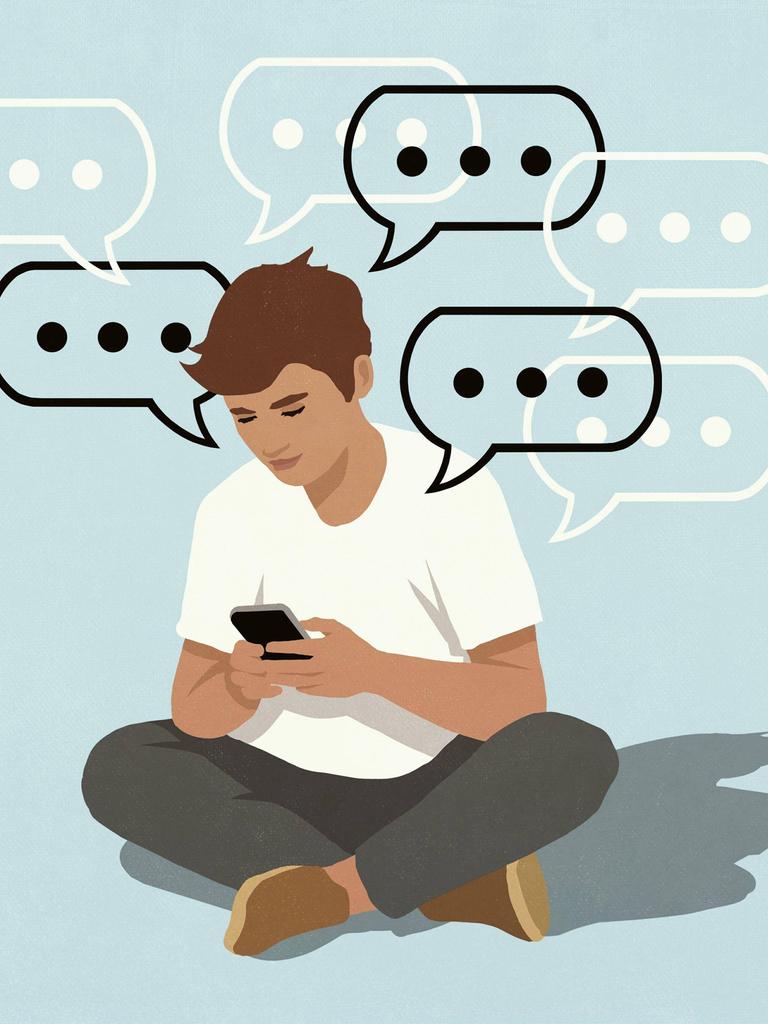 Illustration: Ein Mann sitzt im Schneidersitz und schaut auf sein Smartphon, drumherum Sprechblasen.