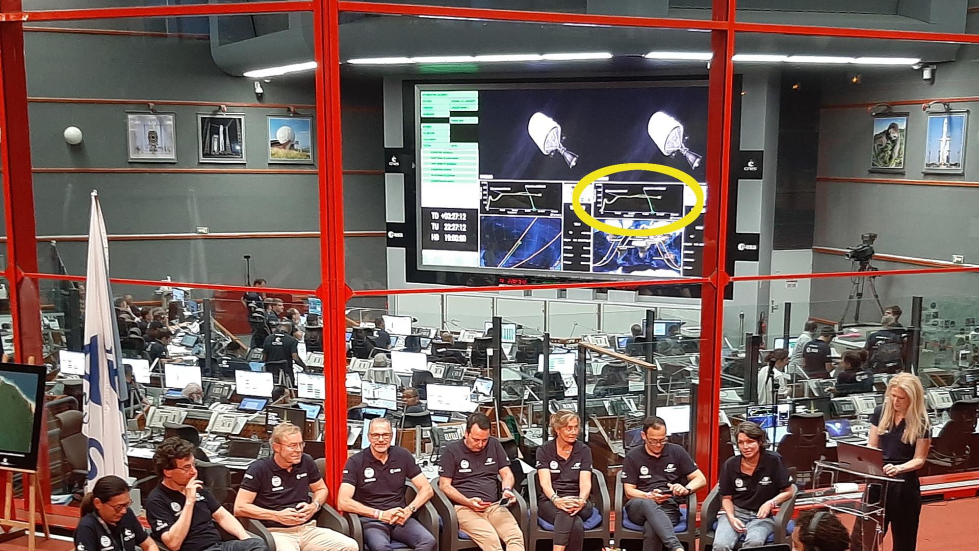 Bei der ESA-Pressekonferenz im Kontrollzentrum wurde vorne gejubelt, während im Hintergrund die Bahnkurve (gelb markiert) zeigte, dass nicht alles rund lief. 