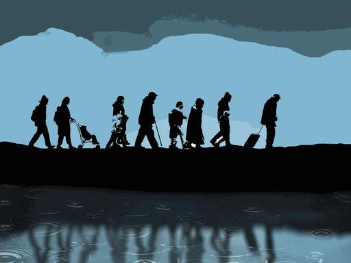 Illustration: Eine Reihe von Flüchtlingen sind im Regen unterwegs.
