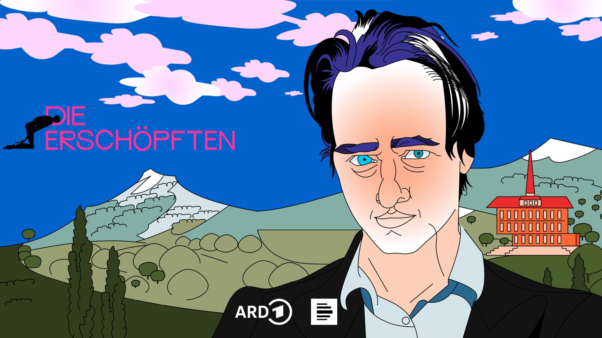 Illustration eines Mannes mit dunklen Haaren vor Berglandschaft, rotem Gebäude und blauem Himmel Illustration eines Mannes mit dunklen Haaren vor Berglandschaft, rotem Gebäude und blauem Himmel