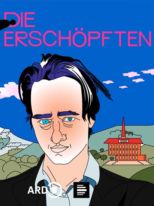 Illustration eines Mannes mit dunklen Haaren vor Berglandschaft, rotem Gebäude und blauem Himmel