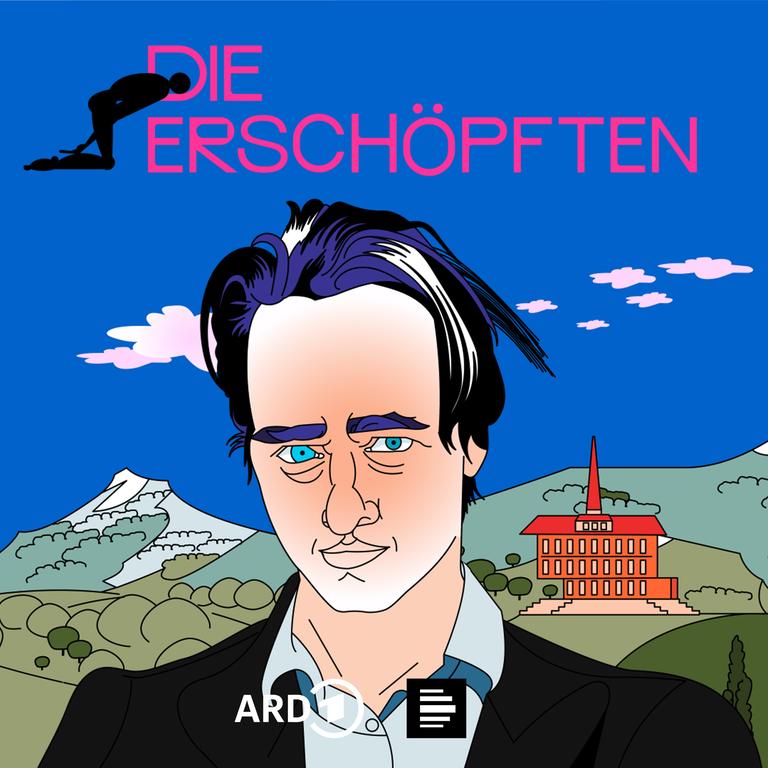 Illustration eines Mannes mit dunklen Haaren vor Berglandschaft, rotem Gebäude und blauem Himmel Illustration eines Mannes mit dunklen Haaren vor Berglandschaft, rotem Gebäude und blauem Himmel