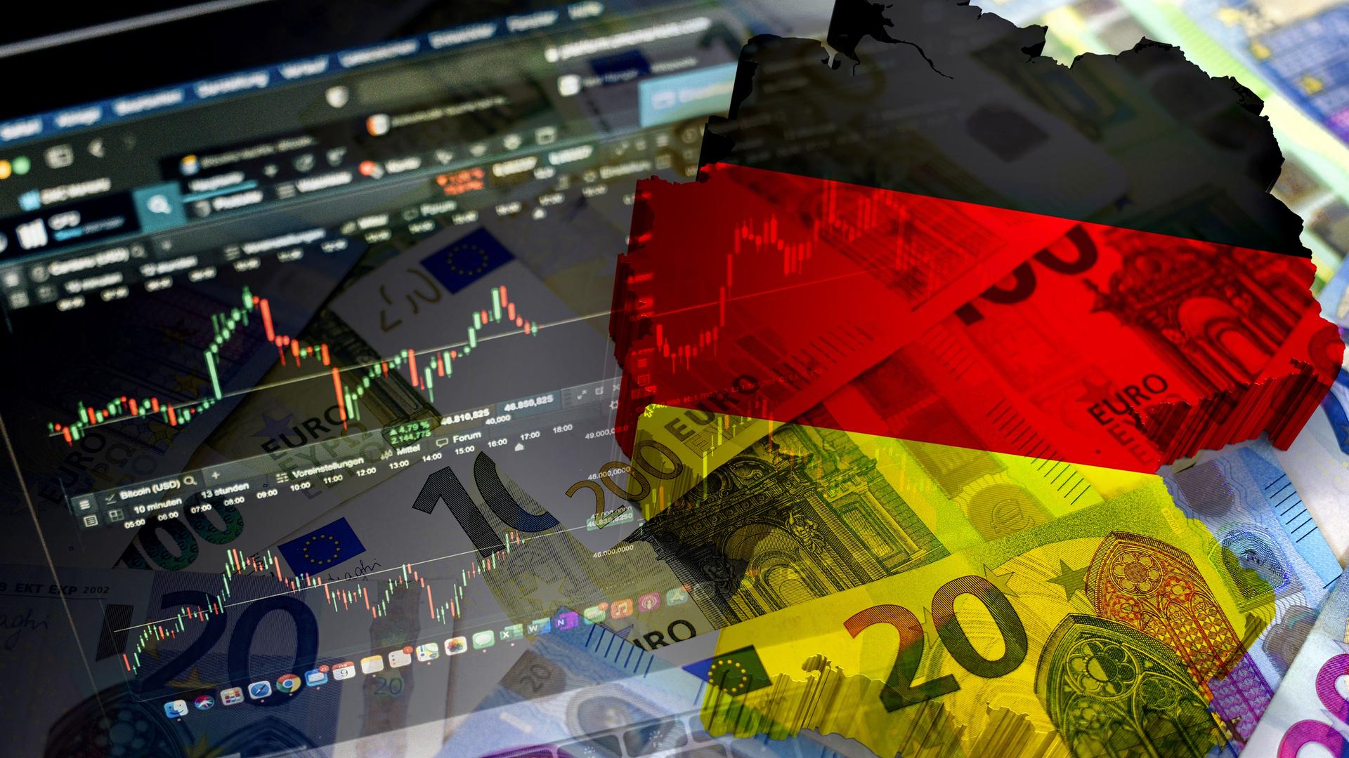 Eine Illustration zeigt in einer Combo den Umriss Deutschlands in Schwarz-Rot-Gold, Euro-Banknoten und Marktcharts. Eine Illustration zeigt in einer Combo den Umriss Deutschlands in Schwarz-Rot-Gold, Euro-Banknoten und Marktcharts.