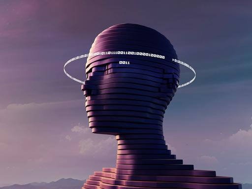 Digital generiertes Bild eines dunkelvioletten Kopfes in Scheiben mit einem Ring aus weissen Einsen und Nullen. Der Hintergrund ist ein lilafarbener Himmel.
