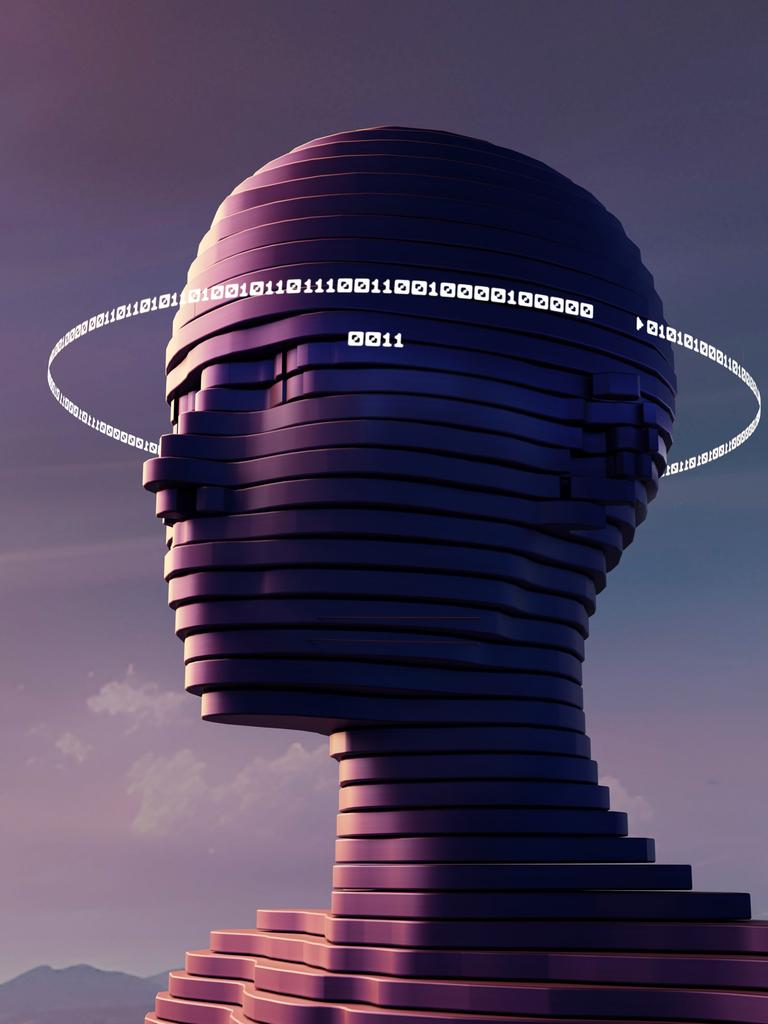 Digital generiertes Bild eines dunkelvioletten Kopfes in Scheiben mit einem Ring aus weissen Einsen und Nullen. Der Hintergrund ist ein lilafarbener Himmel.