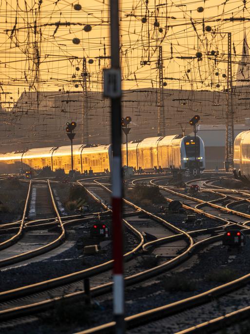 Züge auf den Gleisen westlich des Hauptbahnhof von Dortmund bei Dämmerung