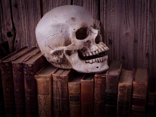 Ein Schädel auf alten Büchern.