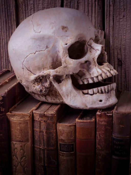 Ein Schädel auf alten Büchern.
