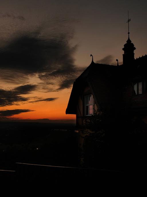 Zu sehen: Die Umrisse der Villa Steinstraße 17 in Dresden-Oberloschwitz, eine dunkle Silhouette vor einem blutroten Sonnenuntergang.