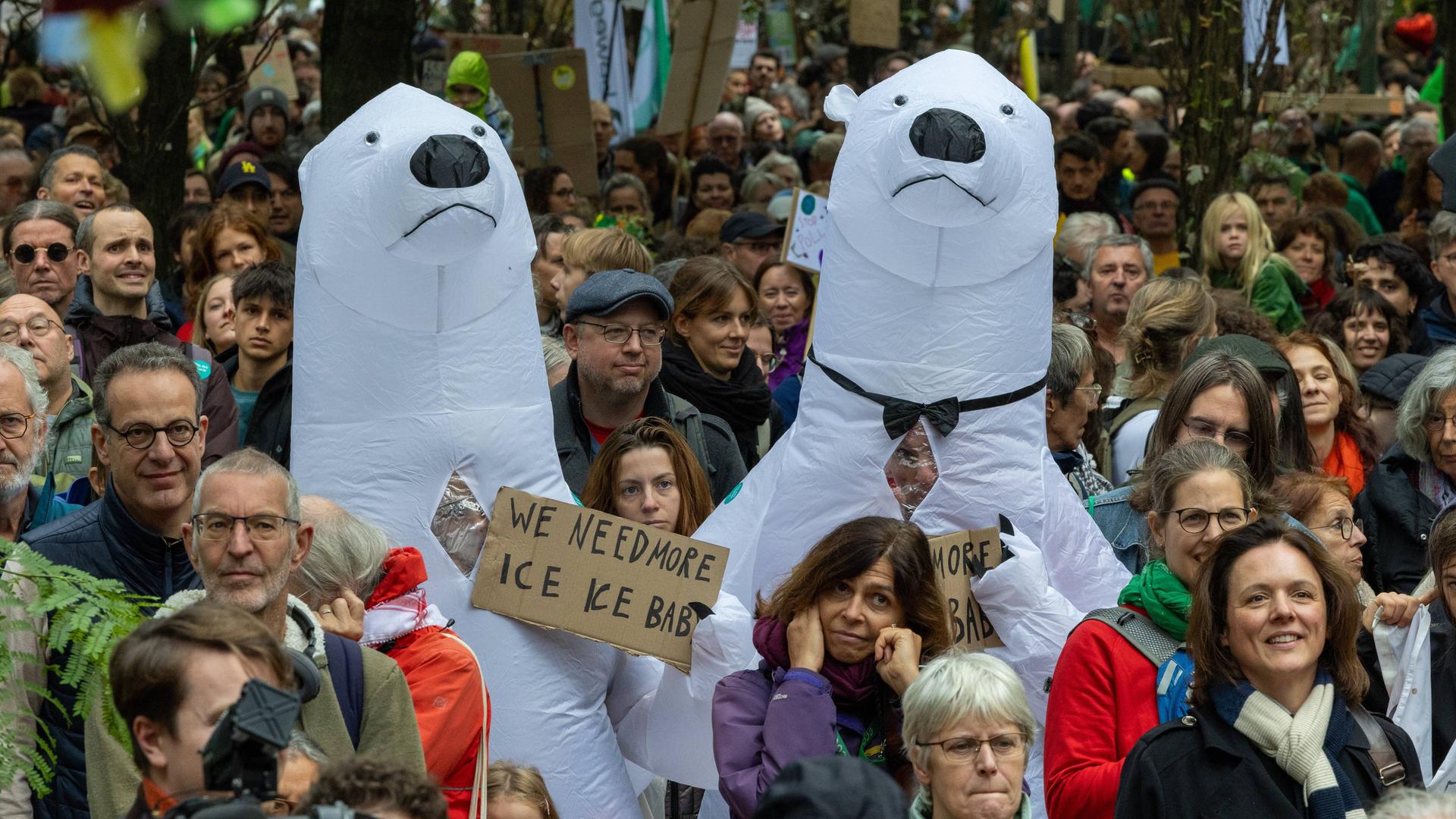 Das Foto zeigt eine Gruppe von Menschen. Zwei von ihnen sind als Eisbären verkleidet. Sie halten Schilder hoch und fordern eine Politik, die den Klimaschutz stärker in den Mittelpunkt rückt. Das Foto zeigt eine Gruppe von Menschen. Zwei von ihnen sind als Eisbären verkleidet. Sie halten Schilder hoch und fordern eine Politik, die den Klimaschutz stärker in den Mittelpunkt rückt.