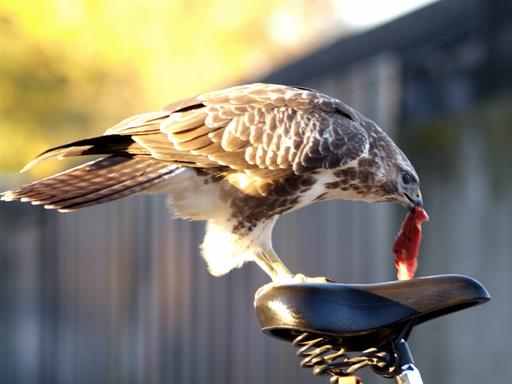 Ein Mäusebussard frisst ein Stück Fleisch von einem Fahrradsitz.