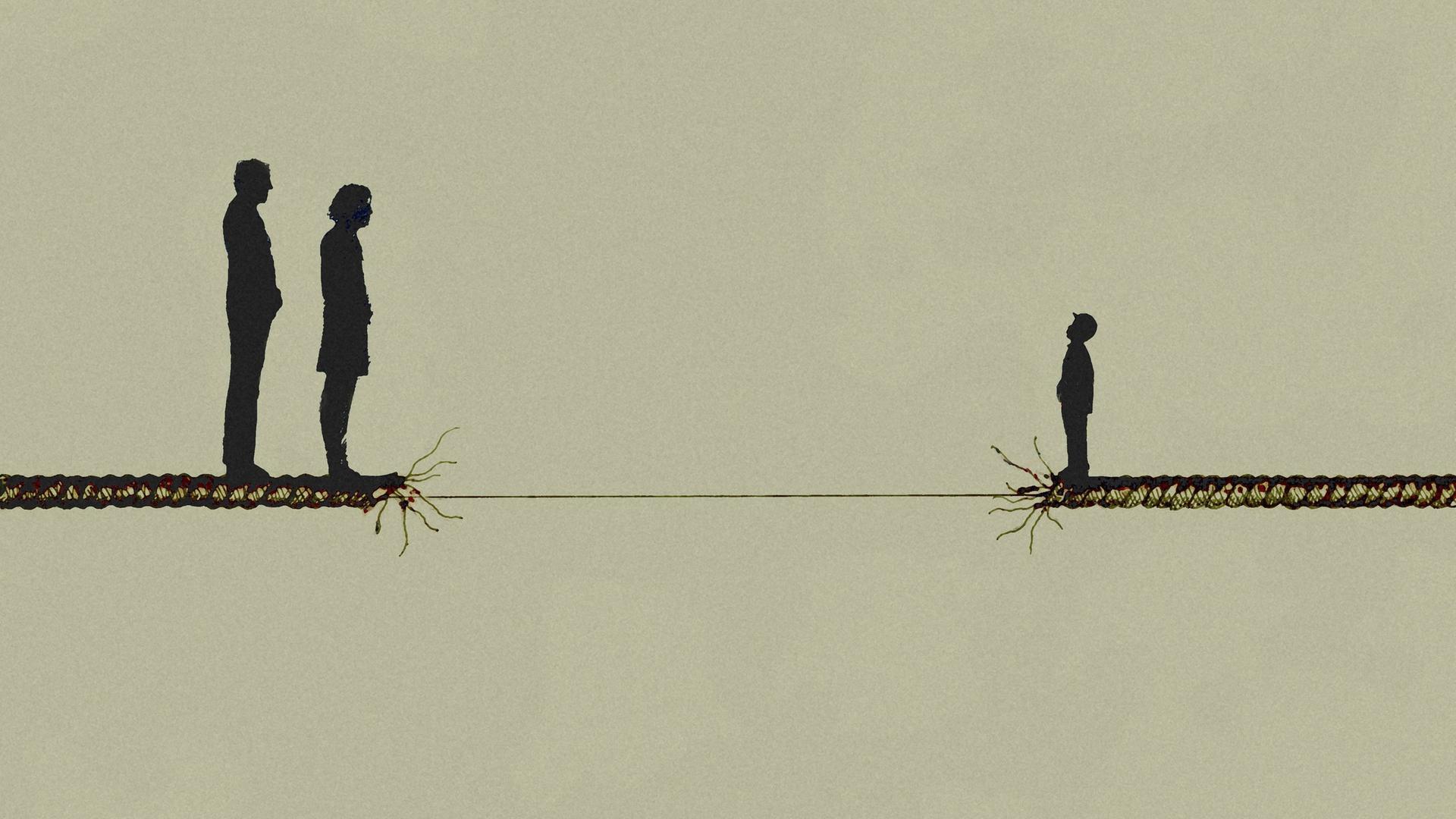 Illustration: Eltern stehen getrennt von ihrem Sohn an einem Abgrund. Zwischen ihnen hängt ein ausgefranstes Seil Illustration: Eltern stehen getrennt von ihrem Sohn an einem Abgrund. Zwischen ihnen hängt ein ausgefranstes Seil