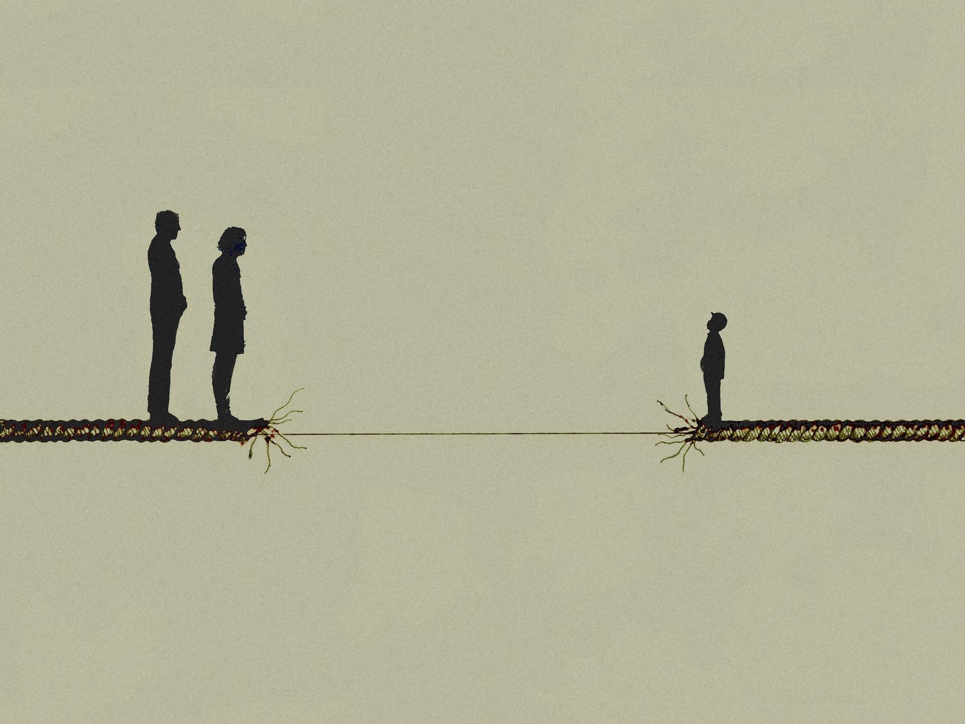 Illustration: Eltern stehen getrennt von ihrem Sohn an einem Abgrund. Zwischen ihnen hängt ein ausgefranstes Seil