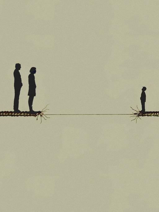 Illustration: Eltern stehen getrennt von ihrem Sohn an einem Abgrund. Zwischen ihnen hängt ein ausgefranstes Seil