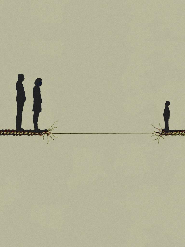 Illustration: Eltern stehen getrennt von ihrem Sohn an einem Abgrund. Zwischen ihnen hängt ein ausgefranstes Seil