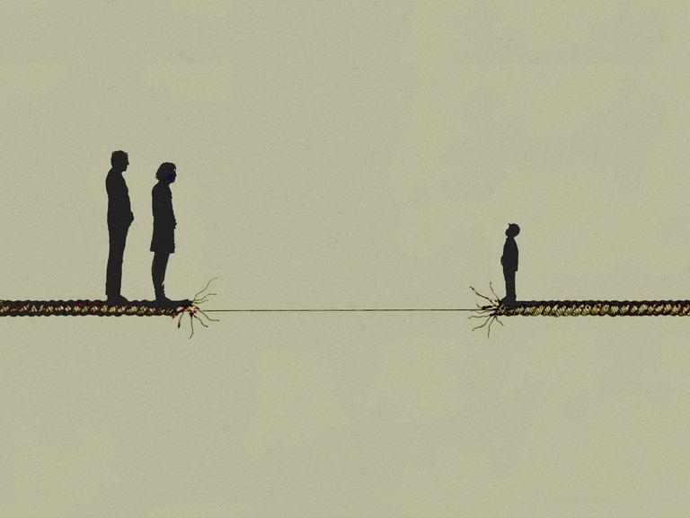 Illustration: Eltern stehen getrennt von ihrem Sohn an einem Abgrund. Zwischen ihnen hängt ein ausgefranstes Seil