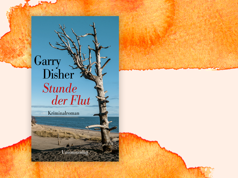 Das Cover des Krimis von Garry Disher, "Stunde der Flut". Es zeigt eine Strandlandschaft mit einem blattlosen, verdorrten Baumrest, daneben stehen Autorenname und Titel. 