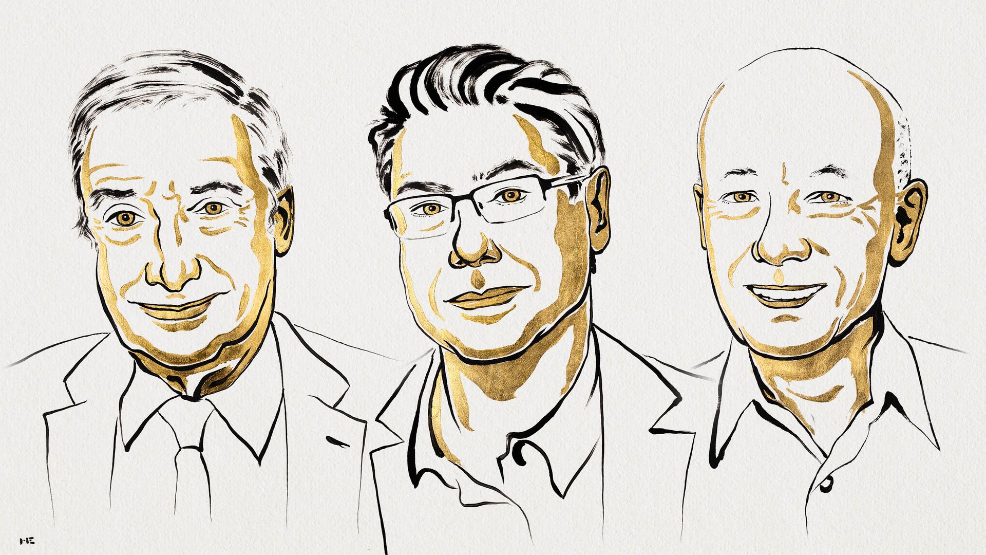 Zeichnung der drei Nobelpreisträger (v. l. n. r.): Joel Mokyr, Philippe Aghion, Peter Howitt