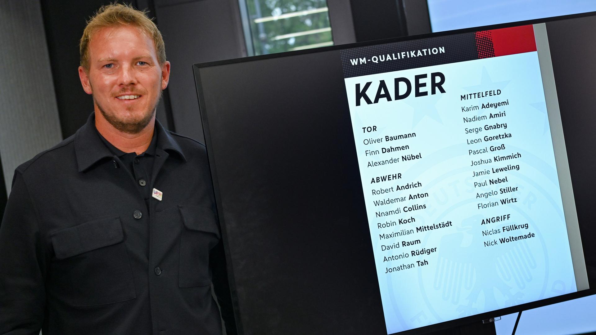 Bundestrainer Julian Nagelsmann neben einem Monitor, auf dem der Kader für den Start in die Qualifikationsrunde zur WM 2026 zu sehen ist. Bundestrainer Julian Nagelsmann neben einem Monitor, auf dem der Kader für den Start in die Qualifikationsrunde zur WM 2026 zu sehen ist.
