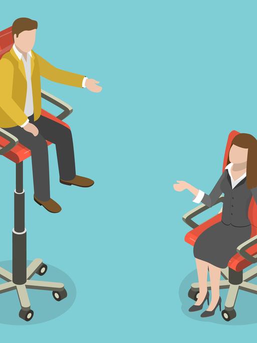 Illustration: Das Bild zeigt zwei Stühle auf unterschiedlicher Höhe: Auf dem höheren sitzt ein Mann, auf dem deutlich niedrigeren eine Frau. Die ungleiche Sitzhöhe symbolisiert den Gender Pay Gap