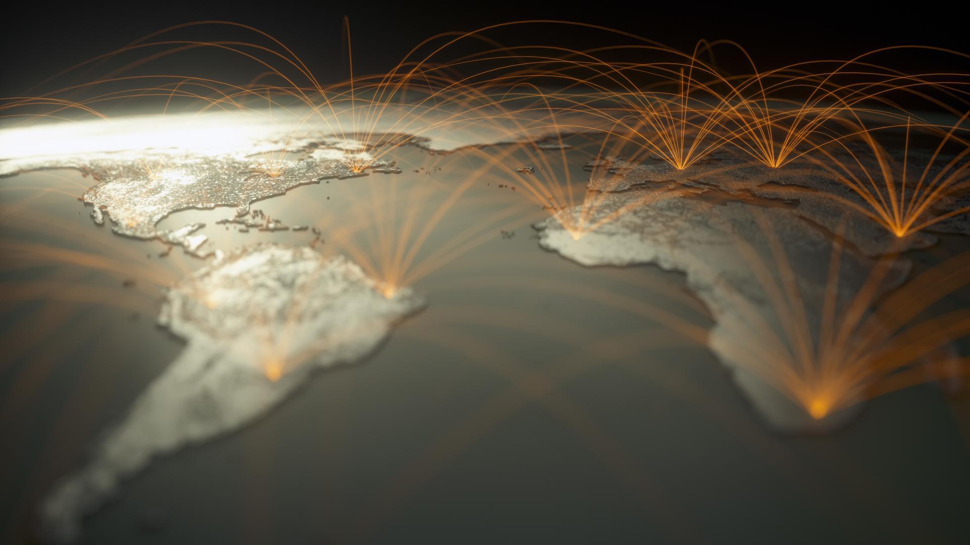 Eine Illustration mit vielen leuchtenden Linien, die zu Knotenpunkten auf einer Weltkarte führen.
