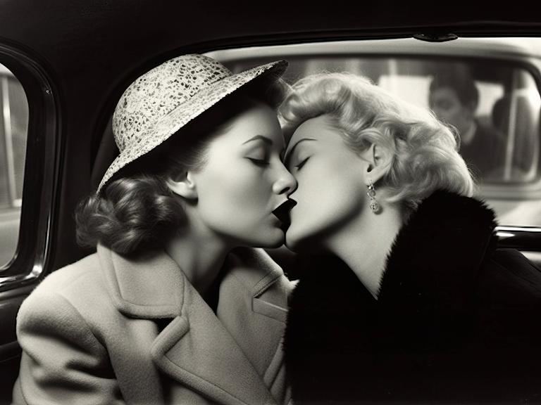 Zwei Frauen küssen sich in einem Auto.