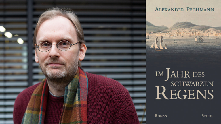 Ein Portrait des Schriftstellers Alexander Pechmann und das Cover des Roman " Im Jahr des schwarzen Regens"