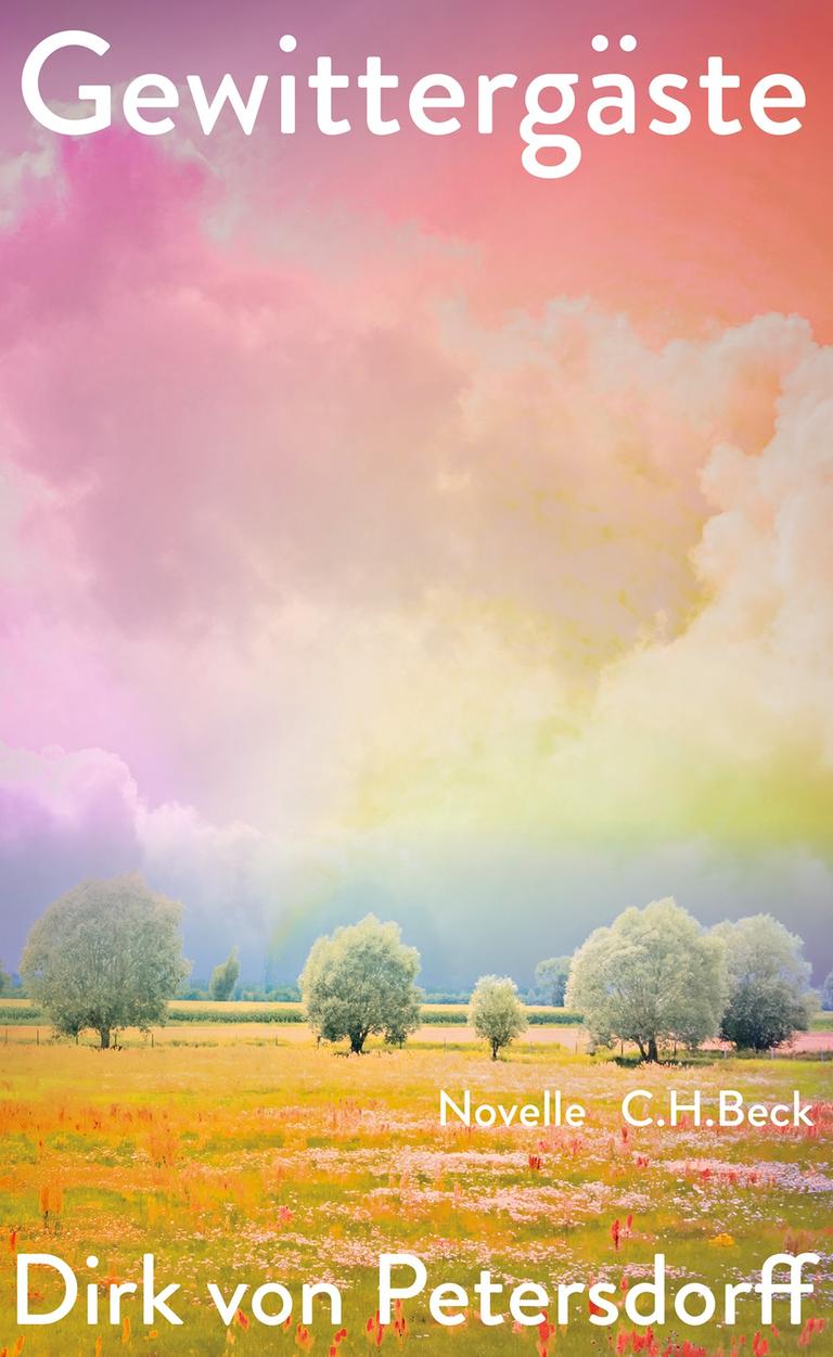 Das Cover zu Dirk von Petersdorffs Novelle "Gewittergäste" zeigt neben dem Namen des Autors und dem Buchtitel die Zeichnung einer Landschaft mit vereinzelten Bäumen unter einem pastellfarben schimmerndem Wolkenhimmel. Das Cover zu Dirk von Petersdorffs Novelle "Gewittergäste" zeigt neben dem Namen des Autors und dem Buchtitel die Zeichnung einer Landschaft mit vereinzelten Bäumen unter einem pastellfarben schimmerndem Wolkenhimmel.