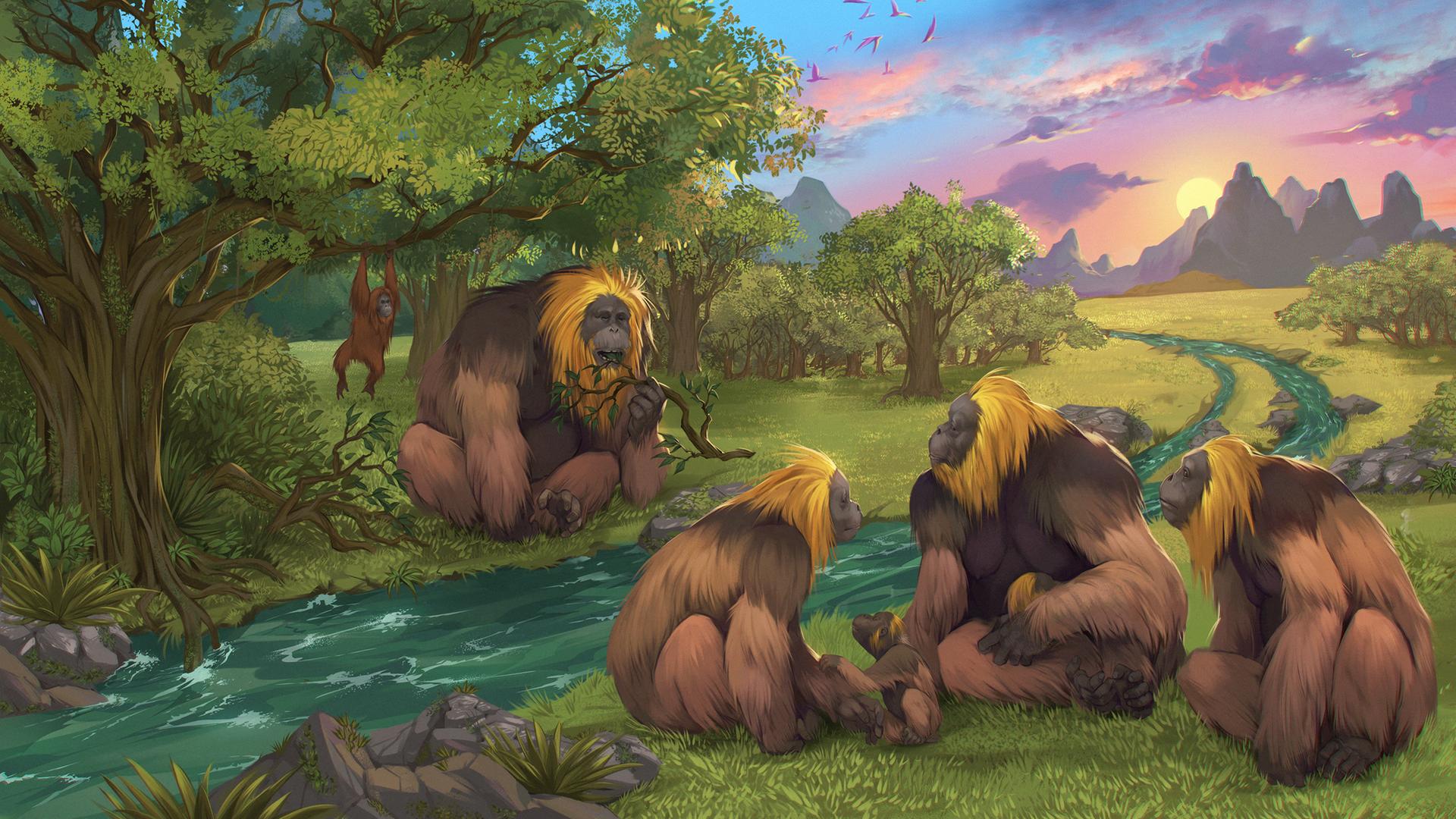Eine Illustration zeigt eine Gruppe Menschenaffen, die an einem Flüsschen in prähistorischer Umgebung sitzt.