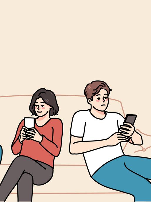 Illustration von Eltern, die mit ihrem Kind auf dem Sofa sitzen. Alle blicken auf ihre Smartphones.
