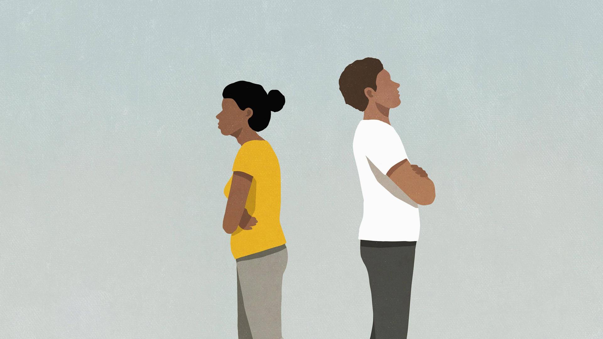 Illustration: Ein Paar steht nach einem Streit mit dem Rücken zueinander.