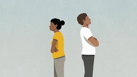 Illustration: Ein Paar steht nach einem Streit mit dem Rücken zueinander.