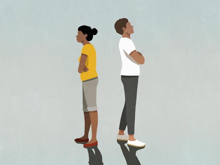 Illustration: Ein Paar steht nach einem Streit mit dem Rücken zueinander.