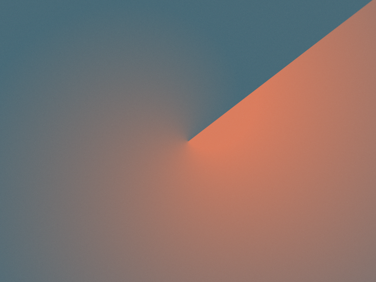 Zu sehen ist eine zweigeteilte Farbfläche die zwischen einem Blau- und Orangeton changiert. Die Farben mischen sich dabei im unteren Drittel.