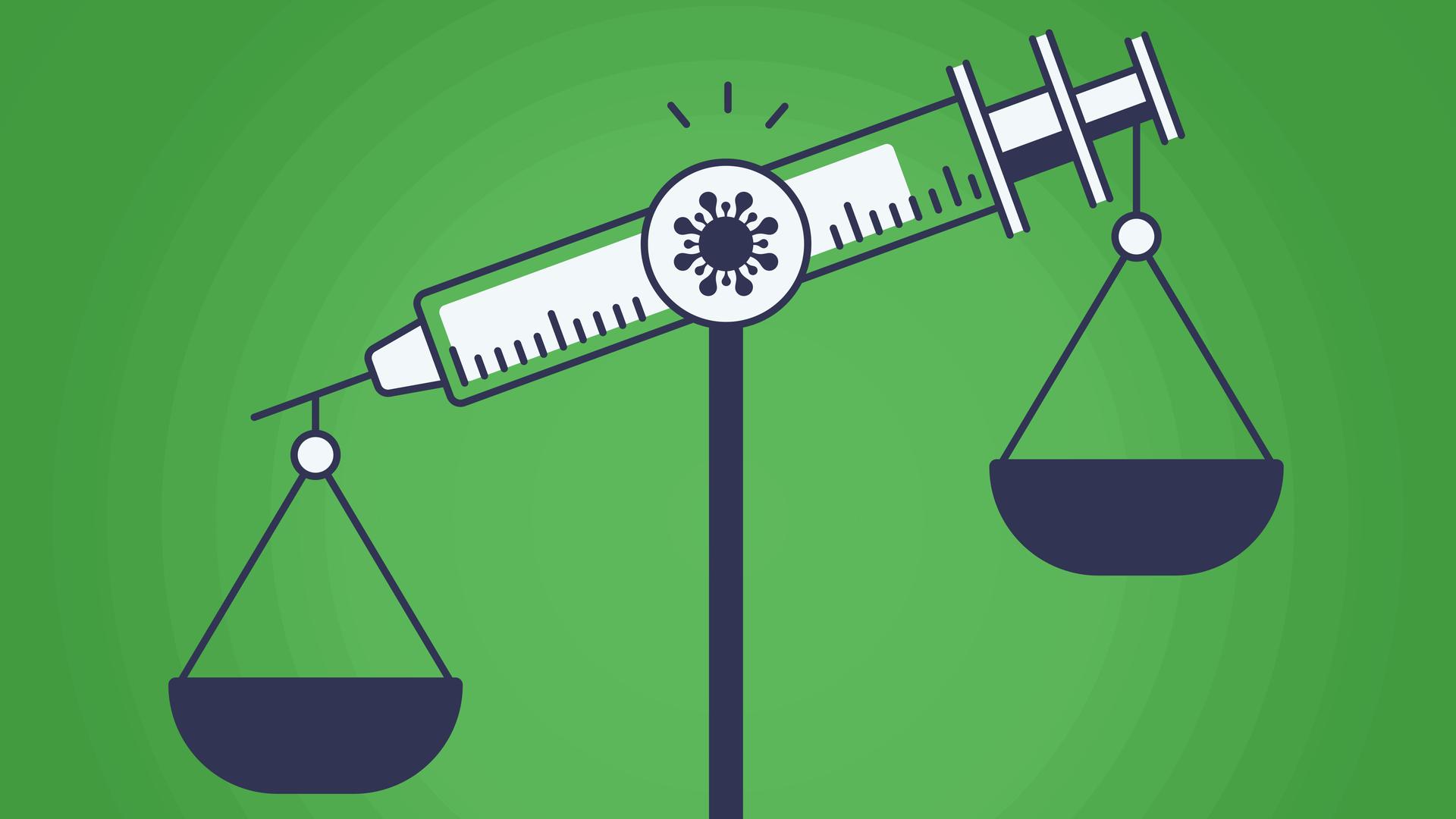 Illustration: ein Impfspritze als Waage, die Spitze der Spritze zeigt nach unten.