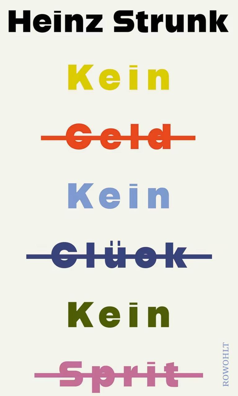 Das Buchcover zu Heinz Strunks Erzählungsbands "Kein Geld, kein Glück, kein Sprit" zeigt den Namen des Autors und den Buchtitel auf hellem Grund. Die Wörter Geld, Glück und Sprit sind durchgestrichen