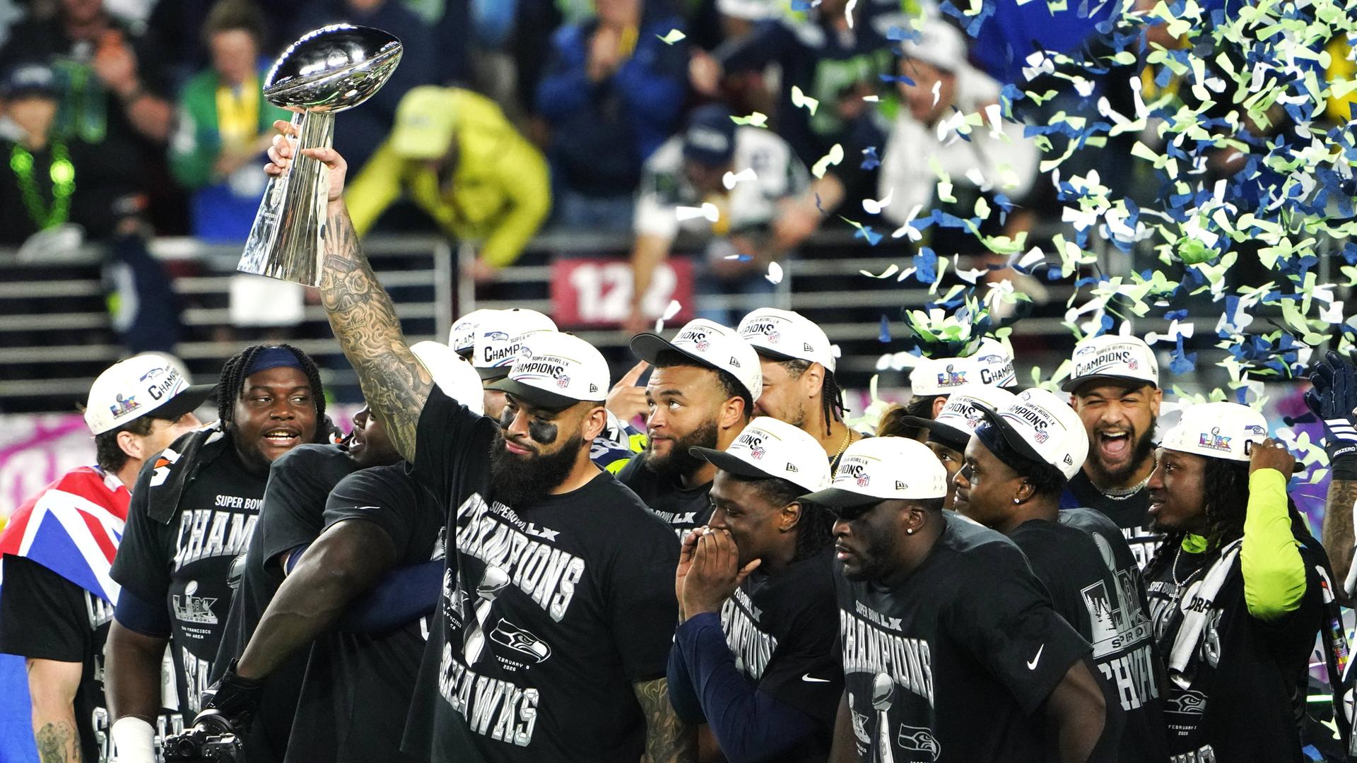 Spieler der Seattle Seahawks jubeln nach ihrem Super-Bowl-Triumph.