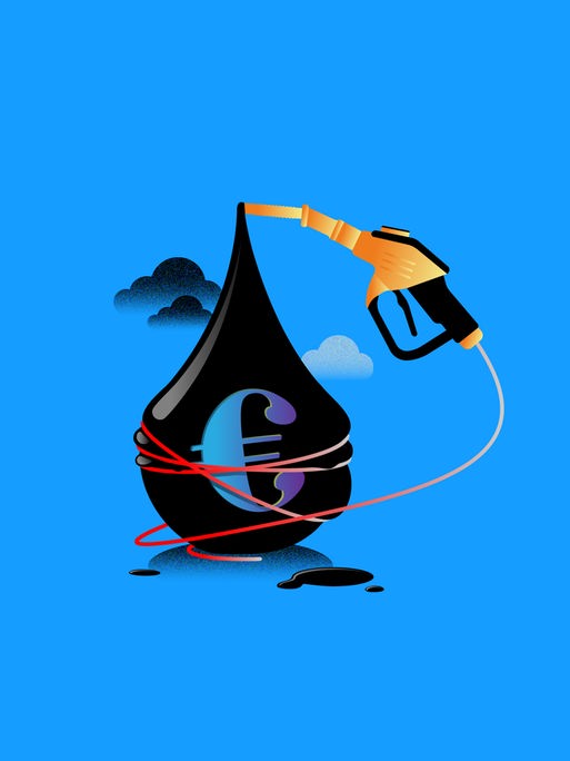 Ein schwarzer Tropfen Erdöl auf blauem Grund. Auf dem Tropfen ein Euro-Symbol. Der Tropfen wird von einem Tankschlauch umwickelt. Ein schwarzer Tropfen Erdöl auf blauem Grund. Auf dem Tropfen ein Euro-Symbol. Der Tropfen wird von einem Tankschlauch umwickelt.